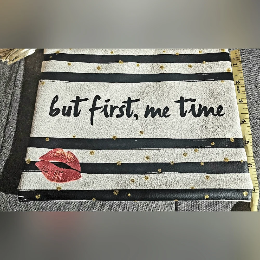 But first Me time black and white pin striped with kiss laege makeup pouch